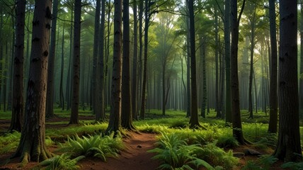 Obraz premium Sunlit path through misty forest with ferns.