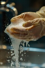 Fototapeta premium Detailed view of gloved hands being washed under running water, soap and droplets creating a sparkling texture