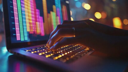 Focused view of hands typing on a laptop keyboard, with a vibrant financial graph featuring colorful bars and lines displayed on the screen