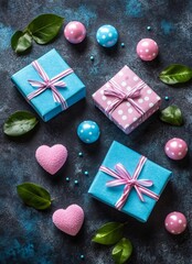 Two elegantly wrapped blue boxes adorned with pink bows, surrounded by charming blue and pink hearts, perfect for a romantic Valentine's Day gift.