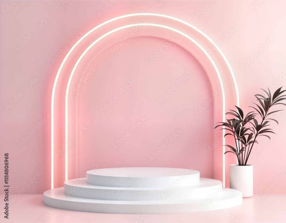 Poster empty minimalist scene with pink neon arch. white podium steps situated in front of arch. dark plant