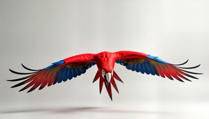 Obraz premium Vibrant macaw soars through air against white backdrop. Parrot vibrant colors, wingspan. Exotic bird in flight displays nature beauty. Wildlife photo captures tropical bird in free flight. Isolated