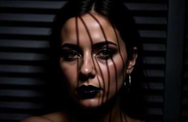 Woman in dimly lit interior room. Light from blinds casts dramatic shadows on face. Contemplative expression. Mysterious mood in dimly lit room. Interior design inspiration. Soft light, dark shadows.