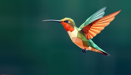 Obraz premium Colorful low poly hummingbird in flight against dark green background. Geometric shapes form bird. Flying hummingbird shows vibrant colors. Excellent for nature designs. Minimalist style graphic.