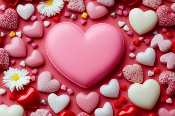 Obraz premium A vibrant pink heart is centrally featured, encircled by numerous smaller hearts, symbolizing love and affection for Valentine's Day.