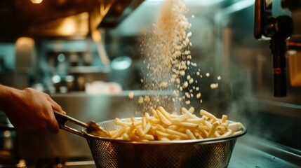 Cooking fresh fries in a busy kitchen with steam rising and salt being added for flavor enhancement