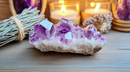 Glistening rough cut amethyst surrounded by calming sage and flickering candles on a rustic wooden table at twilight