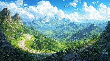 Obraz premium Mountain landscape with dirt road in fg and mountain range in bg