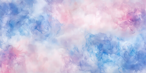 Fototapeta premium A colorful abstract watercolor design with cloud-like textures in pastel tones of pink, blue, and white, blending softly to create a dreamy and artistic visual effect.