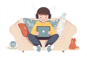 Boy, headphones, sofa, tablet, toy cup, flexible learning, home setting &ndash; background, card, or education-related content