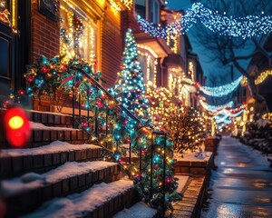 Naklejka premium Holiday lights display with vibrant glow, soft lighting, festive neighborhood scene