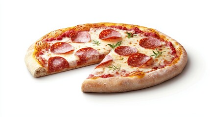 Realistic pizza slice with golden cheese, pepperoni slices slightly curled, crust dusted with flour, isolated on bright white background
