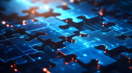 Digital puzzle pieces interlocking seamlessly, glowing against a futuristic blue abstract background, symbolizing the concept of API integration and seamless connectivity