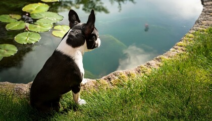 Obraz premium A Boston terrier looking curiously at a fishpond