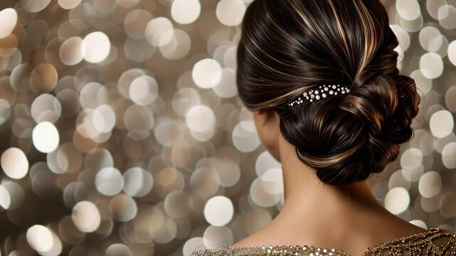 This woman shows off a stylish hairstyle with accessories in a festive ballroom.