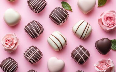 Obraz premium A vibrant pink surface adorned with an assortment of chocolates and fresh roses, creating a romantic atmosphere for Valentine's Day celebrations.
