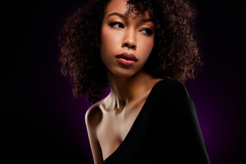 Fototapeta premium Photo of stunning gentle tender lady wear black bodysuit isolated on dark purple background