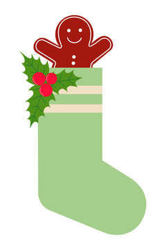 Big green stocking with holly and gingerbread man sticking out of the sock. Festive time, season. Concept illustration on Christmas culture. Colorful minimal vector illustration on isolated background