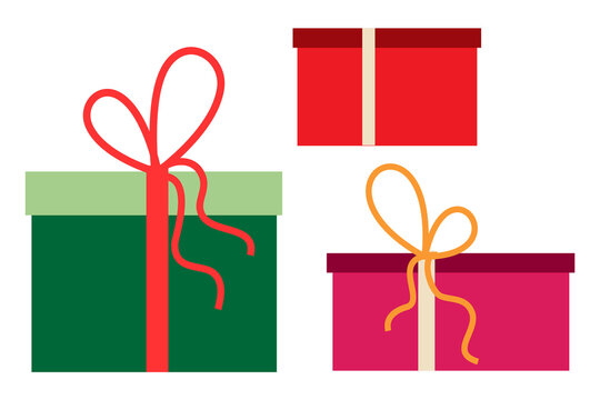 Set of three colorful gift boxes with ribbons. Vivid color palette, makes it perfect for seasonal themes, Christmas cards, or festive advertising. minimal vector illustration on isolated background. 
