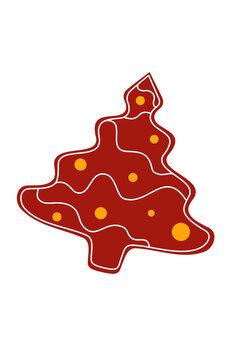 Colorful vector illustration of a gingerbread Christmas tree in a rich, warm brown color. The cookie is decorated with fun shapes creating a whimsical and festive look. Vertical layout