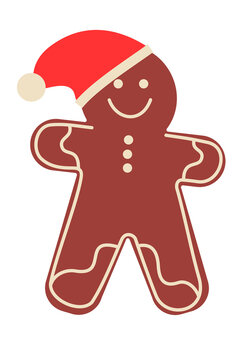 Gingerbread man wearing a red Santa hat. The character features a cheerful smile and is designed with bright, bold colors and a modern style. Perfect for Christmas and holiday-themed designs. Vertical