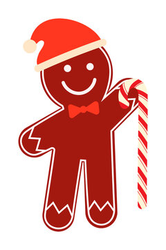 Festive gingerbread man wearing a red Santa hat and a red bow tie, holding a candy cane. The character features a cheerful smile and is designed with bright, bold colors and a modern style. 