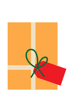 Colorful vector illustration of a yellow gift, present box with a ribbon and red card. Perfect for celebration or Christmas, and holiday-themed designs. Vertical layout, isolated background.