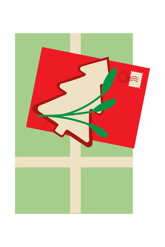Colorful, vector illustration of a gift wrapped in a green paper with a ribbon. With a red envelope, gingerbread tree, mistletoe. Perfect for seasonal themes, Christmas cards, or festive advertising.