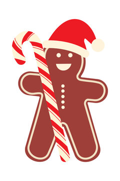 Festive gingerbread man wearing a red Santa hat, holding a candy cane. The character features a cheerful smile and is designed with bright, bold colors and a modern style. Perfect for Christmas design
