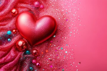 Obraz premium A vibrant red heart adorned with glitter rests against a soft pink background, capturing the essence of love and celebration for Valentine's Day.