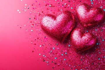 Obraz premium Three vibrant red hearts are playfully surrounded by colorful confetti against a soft pink background, capturing the essence of love and celebration.