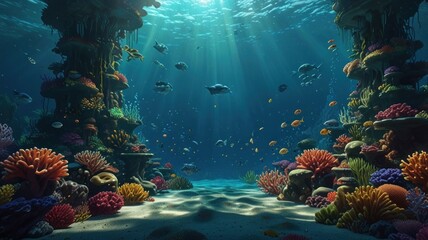 Naklejka premium Vibrant underwater coral reef scene with diverse fish and sunlight.