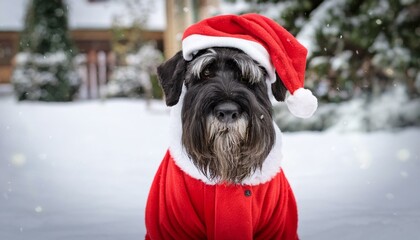 A Giant Schnauzer in a Santa outfit, posing proudly in a snowy yard