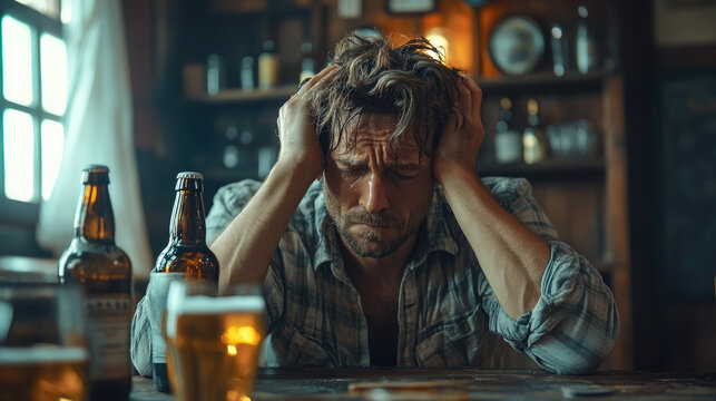 drunk sad man holding his head sitting at home or bar at table with empty beer bottles, glasses, alcohol, hangover, headache, alcoholic, alcoholism, sick guy after party
