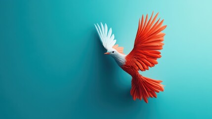 Fototapeta premium Colorful paper bird in flight with vibrant wings against a teal background showcasing creativity and artistry