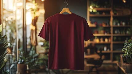 Fototapeta premium Back view of plain maroon T-shirt, empty health branding placeholder, on hanger, minimalist design, in natural daylight, soft focus
