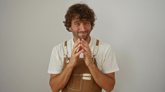 Young man in white shirt and brown apron smirks with clasped hands against gray wall