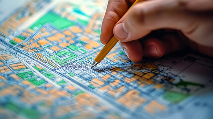 Naklejka premium Hand Drawing on Detailed Cadastre Map for Urban Planning and Land Surveying Concepts