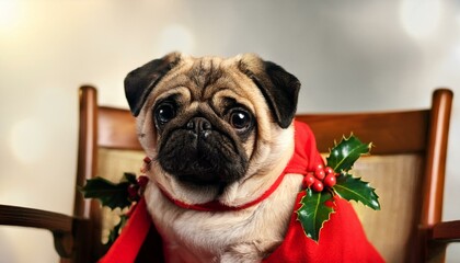 A pug in a red Christmas cape, sitting on a chair decorated with holly