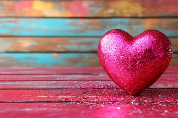 Fototapeta premium A vibrant pink heart rests delicately on a rustic wooden table, symbolizing love and affection, perfect for a Valentine's Day celebration.