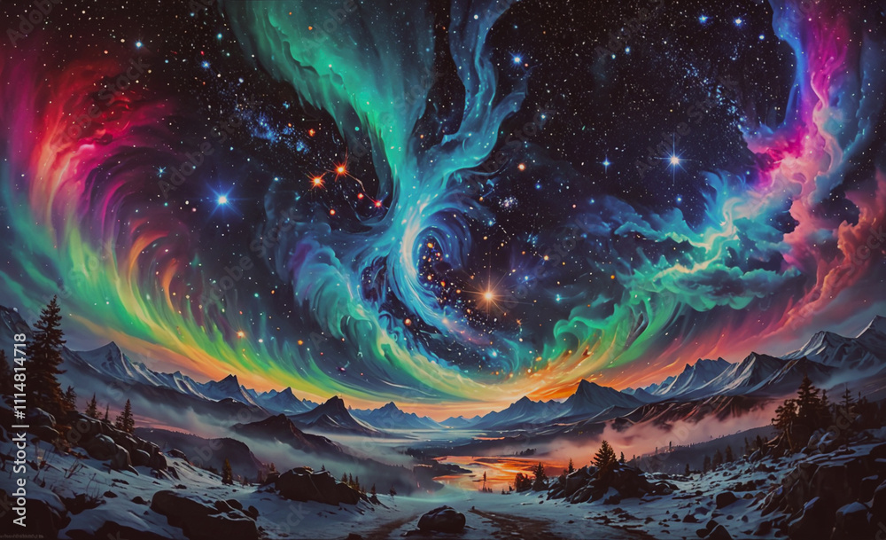 Poster painting of a colorful sky with a large swirl of light. the sky is filled with stars and the colors 
