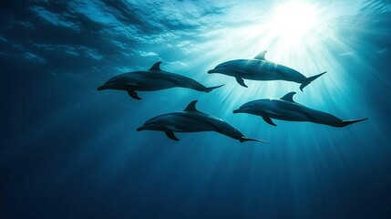   Three dolphins swim in the ocean with sunlight filtering through the water's surface