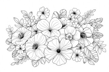 Black and white floral illustration featuring various flowers and leaves, showcasing intricate details and a delicate aesthetic.