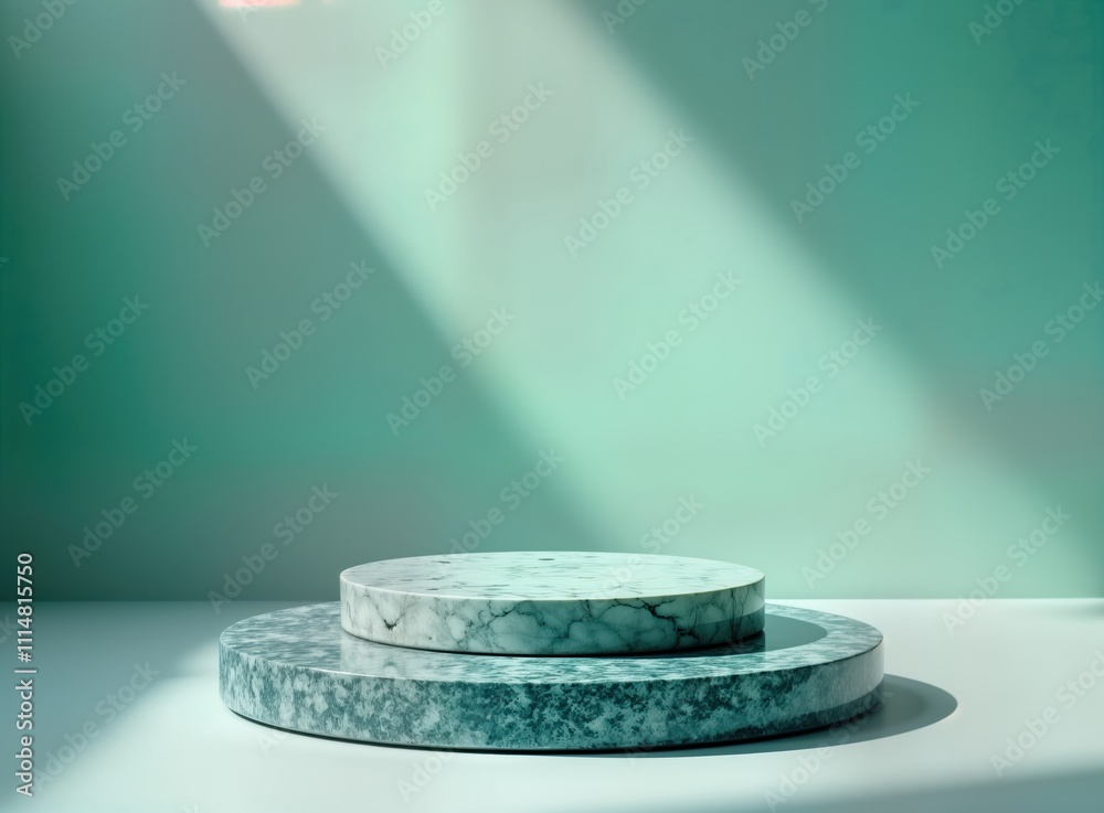 Poster Empty marble platform against mint green backdrop. Light streams onto platform creating shadows. Modern design studio display. Clean, elegant, product presentation space ideal for items. Product