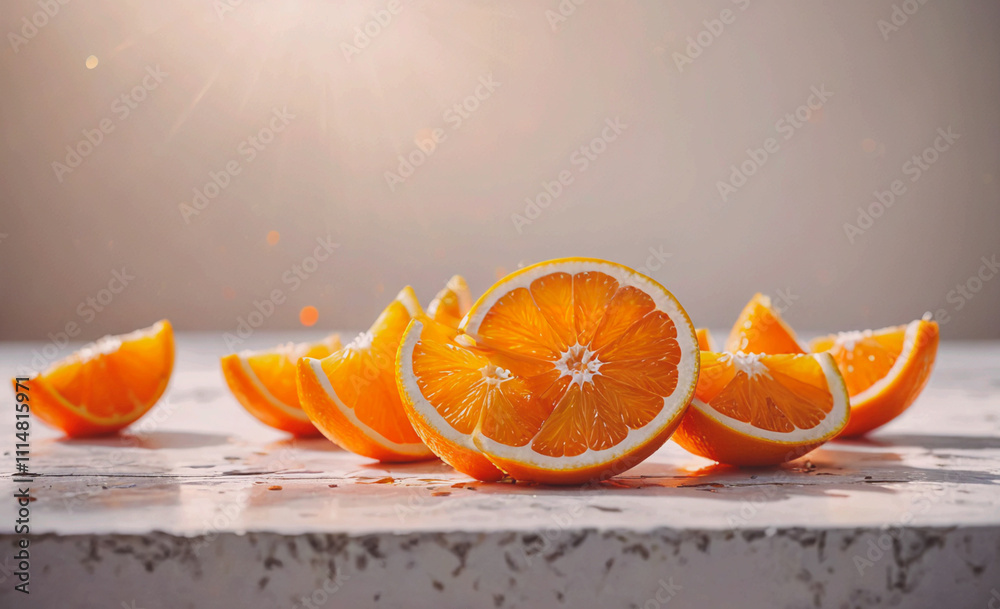Aufkleber Pile of oranges on a table. Some of the oranges are cut in half. There are at least nine oranges in the pile