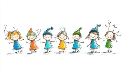 Fototapeta premium Happy children in colorful dresses and hats dancing together on a white background, playful and charming illustration