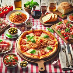 Traditioneller italienischer Esstisch: Pizza, Pasta und mediterrane K&ouml;stlichkeiten