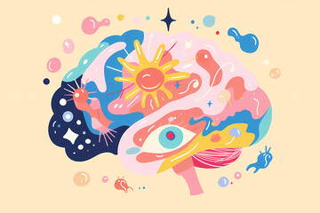 Obraz premium A colorful, abstract illustration of a brain, featuring vibrant elements like the sun, stars, and playful shapes, embodying creativity and imagination.