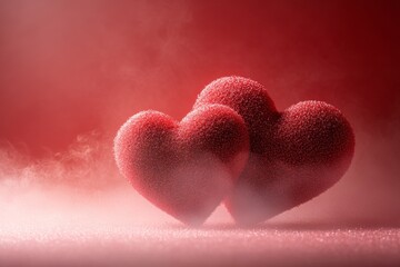Fototapeta premium Three red hearts rest on a table, surrounded by an ethereal smoke, creating a romantic and mysterious atmosphere ideal for Valentine's Day.