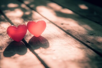 Fototapeta premium Two vibrant red hearts rest on a rustic wooden table, symbolizing love and affection, perfect for celebrating Valentine's Day.
